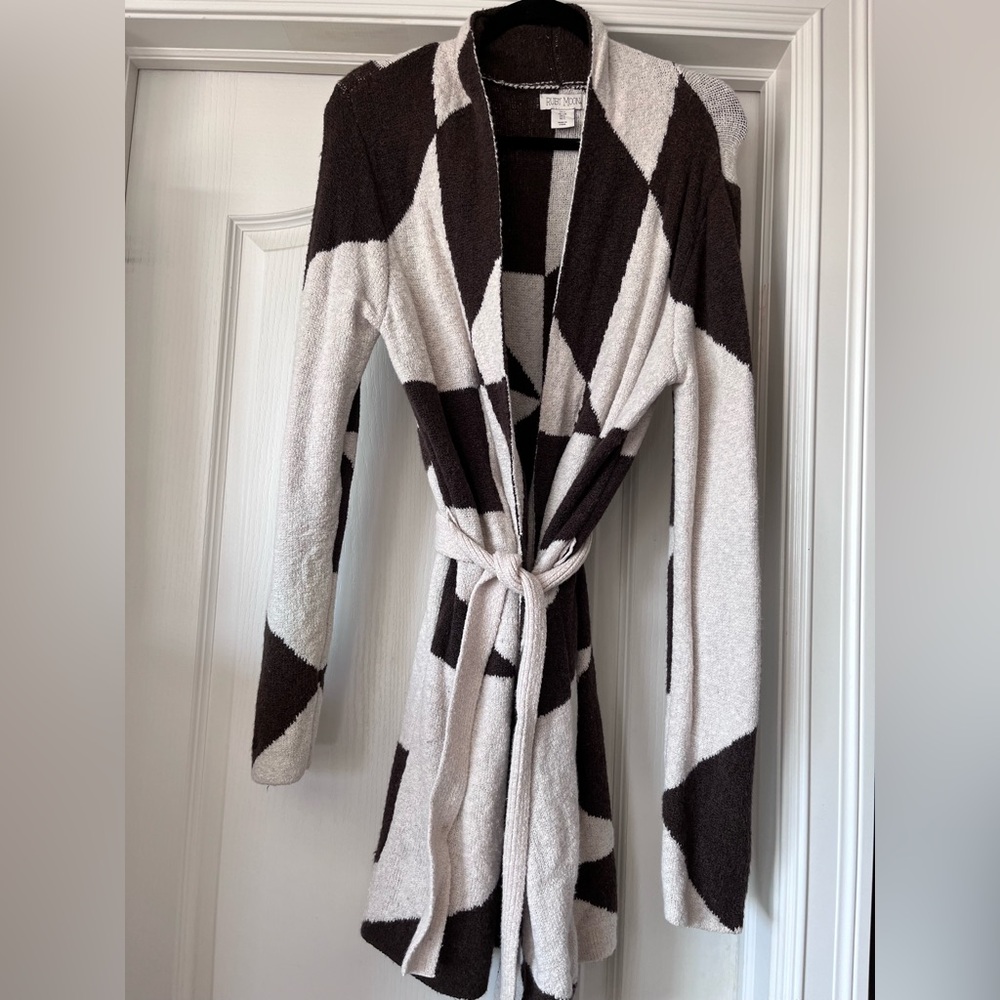Long dark brown and cream ultra-soft belted sweater coat.